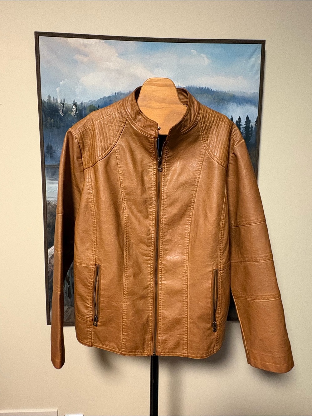 Tan Faux Leather Zip-Front Jacket